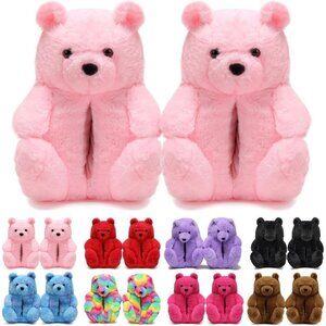 Women's Cute Fuzzy Pink Teddy Bear Slippers Cozy Cartoon Indoor Shoes